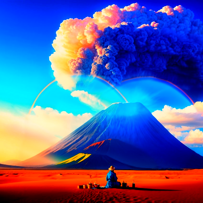 Serene Figure in Desert with Erupting Volcano and Rainbows