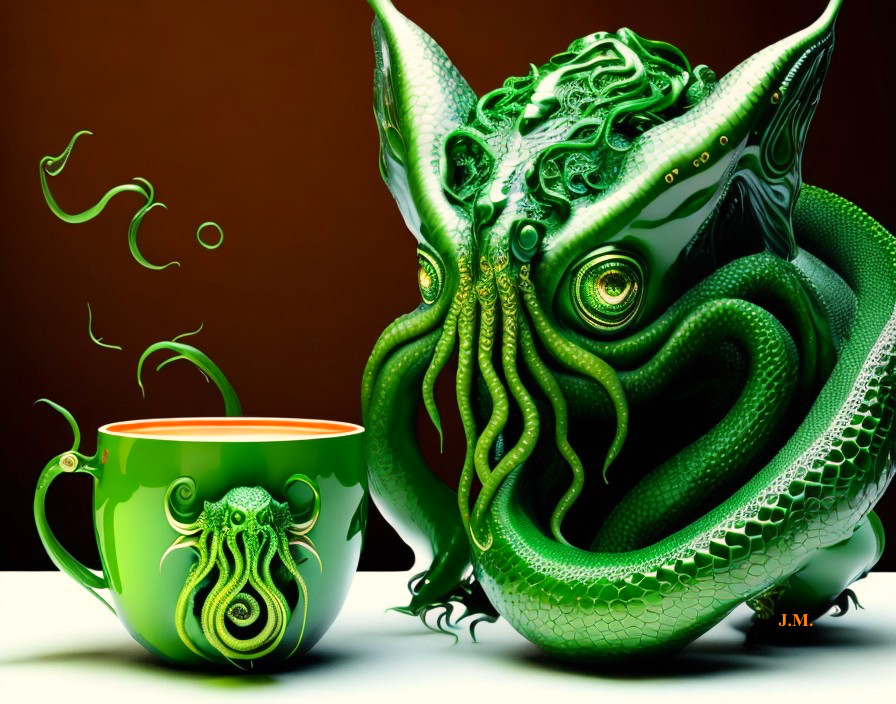 Whimsical Green Cthulhu Creature from a Mug