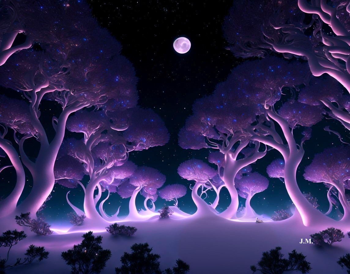 Surreal Landscape with Luminescent Trees and Moonlight
