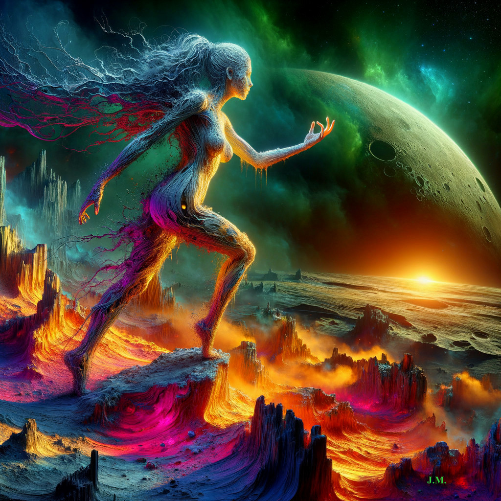 Surreal Landscape with Cosmic Energy Figure at Sunset