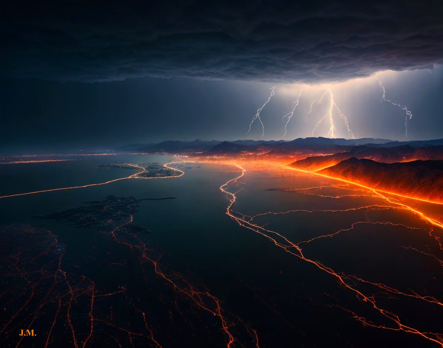 Dramatic Landscape with Lightning and Molten Lava