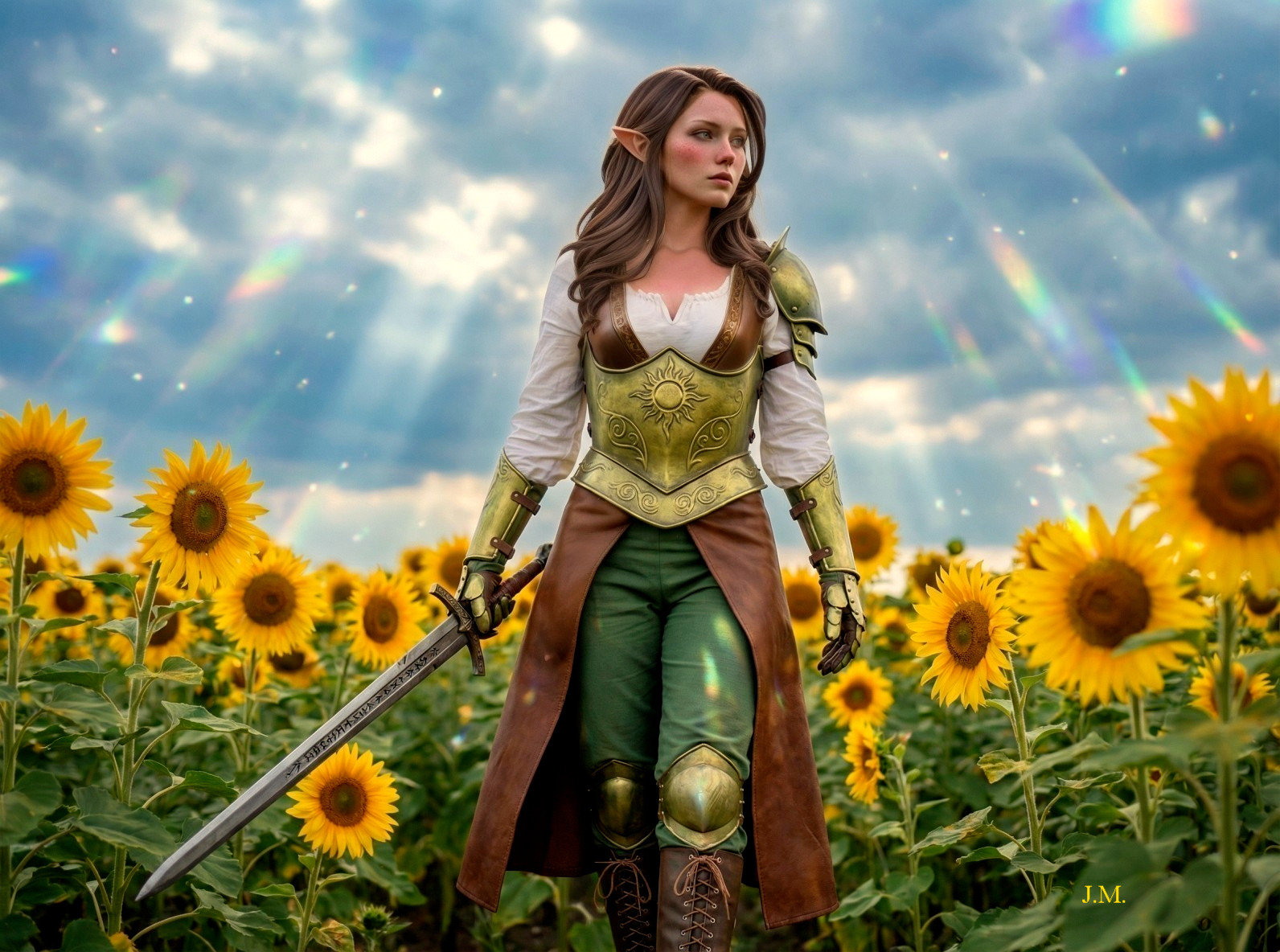 Female Elf in Bronze Armor in Sunflower Field