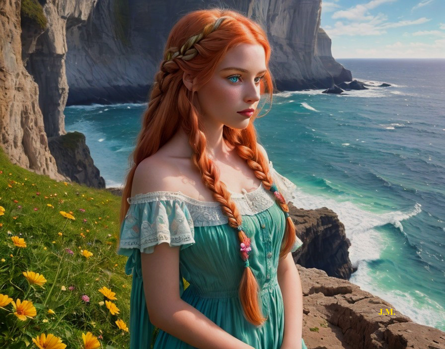 Young Woman with Orange Hair on Ocean Cliff