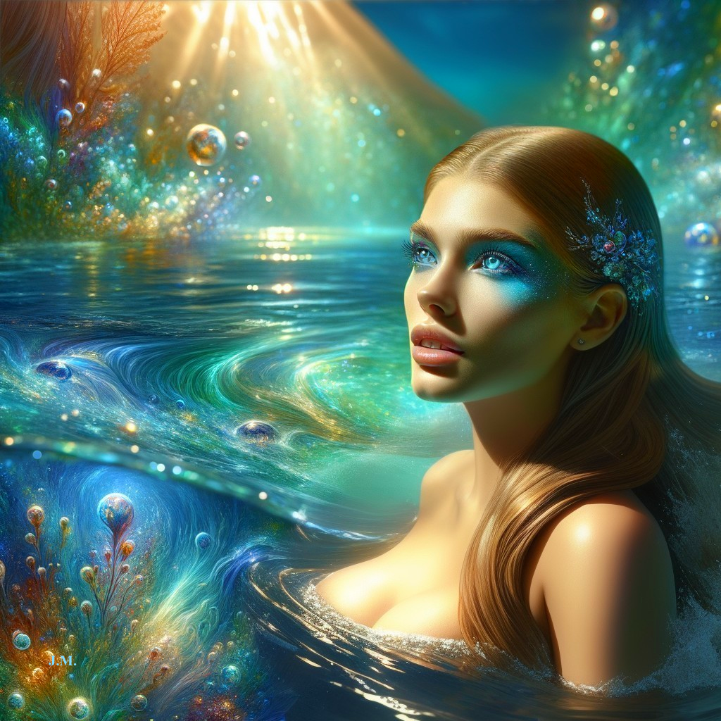 Young Woman in Shimmering Water with Vibrant Makeup
