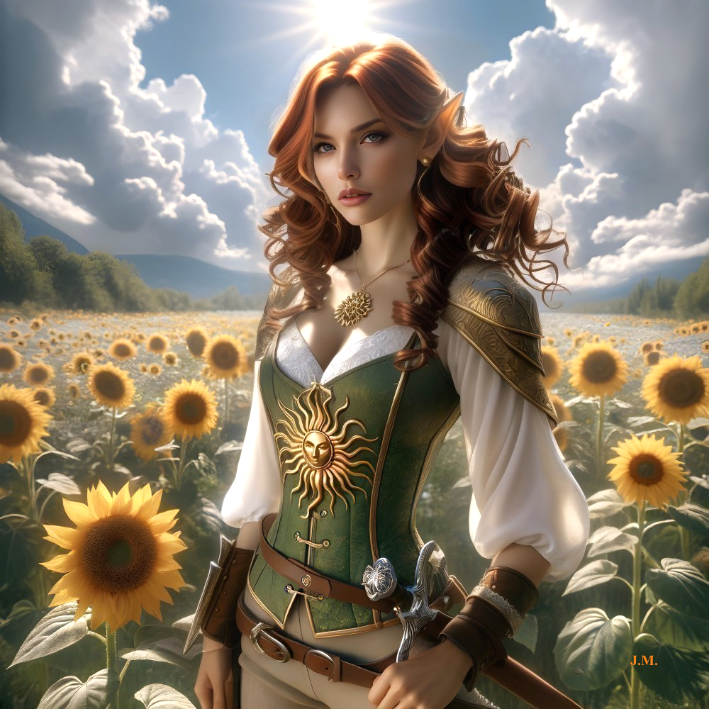 Fantasy Figure in Sunflower Field with Mountains