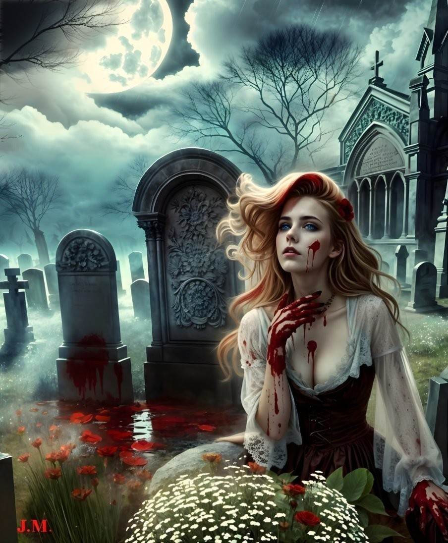 Gothic Graveyard Scene with Young Woman in Despair