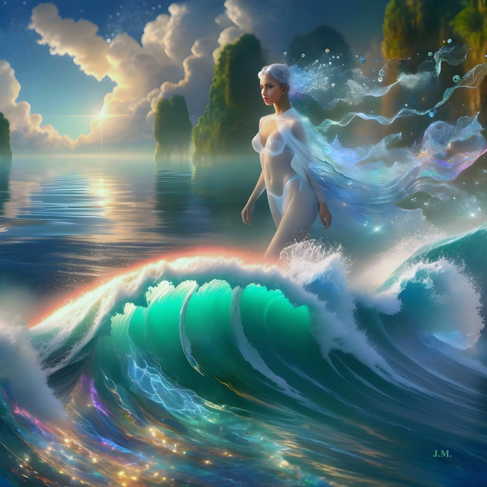 Ethereal figure walking on shimmering ocean waves