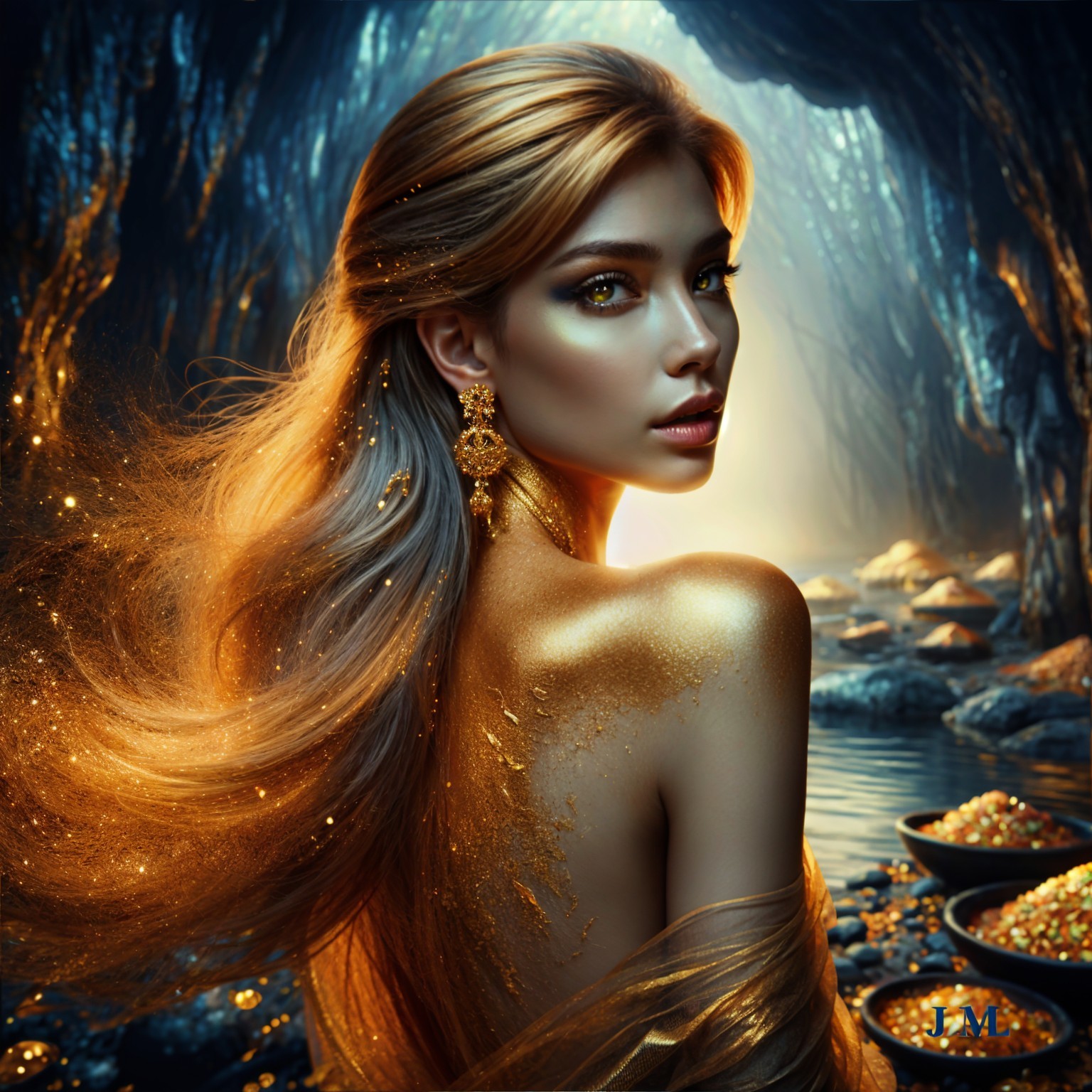 Woman in a mystical cave with golden hair and treasures