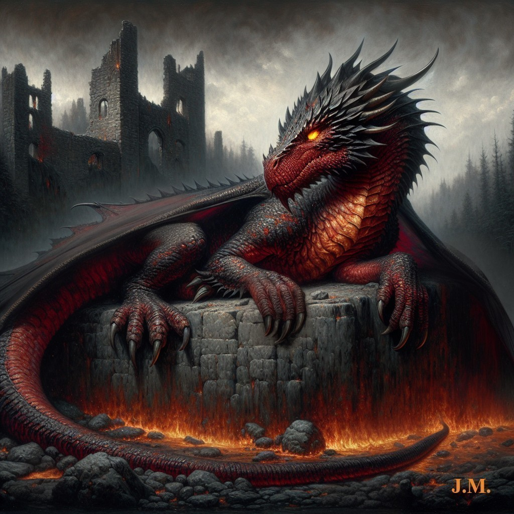 Dragon on Stone Pedestal Amidst Ruins and Lava