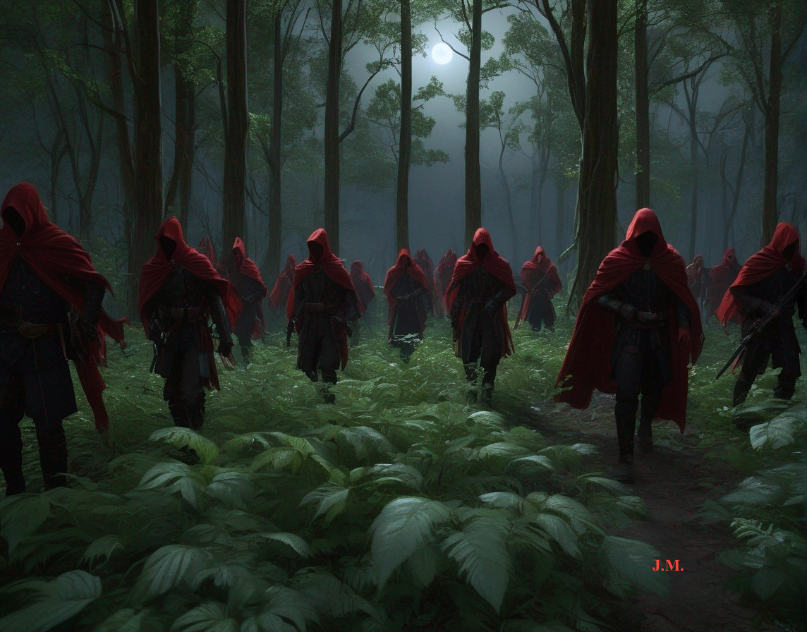 Cloaked Figures in Red Robes Gather in Misty Forest