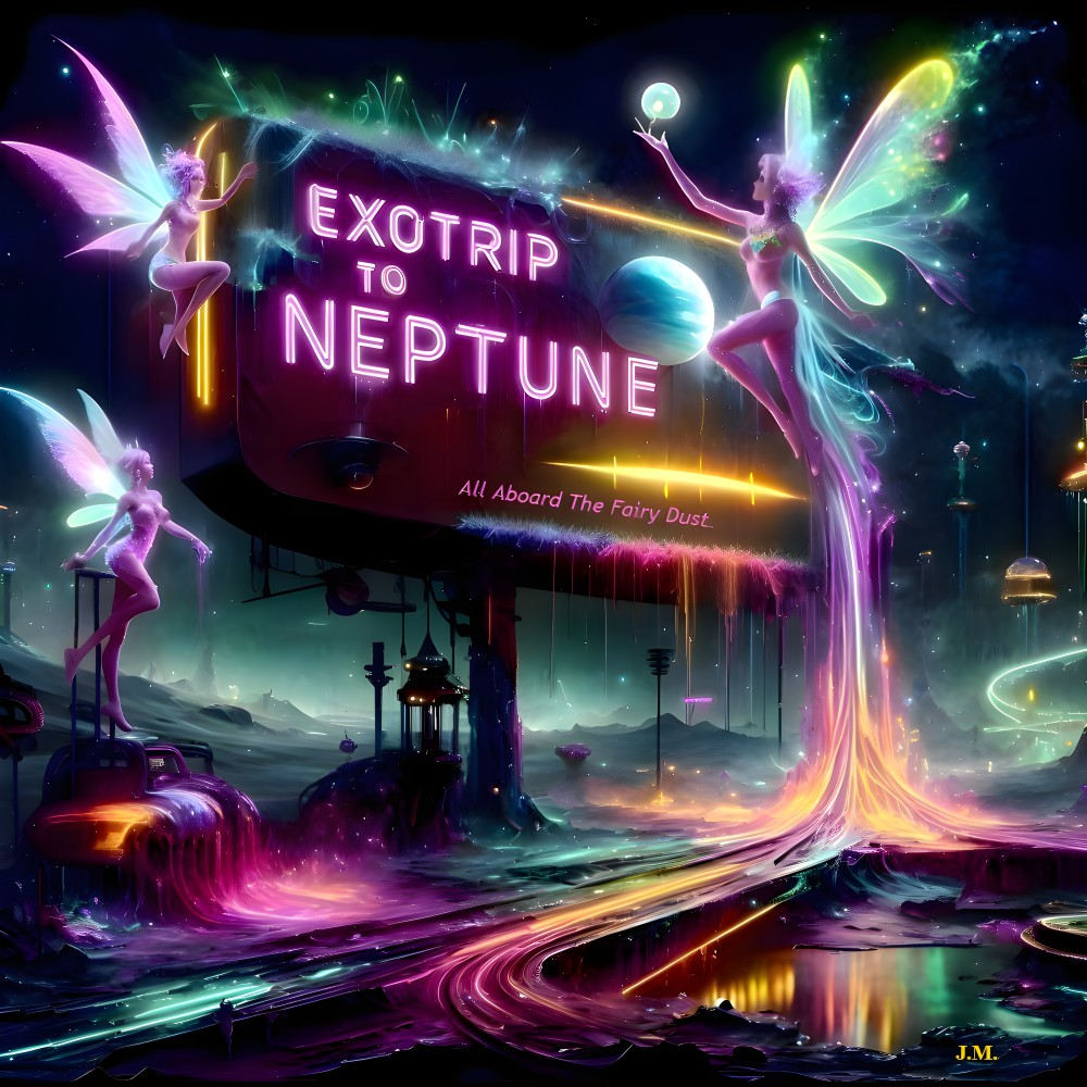 Surreal Scene with Glowing Fairy Figures and Billboard