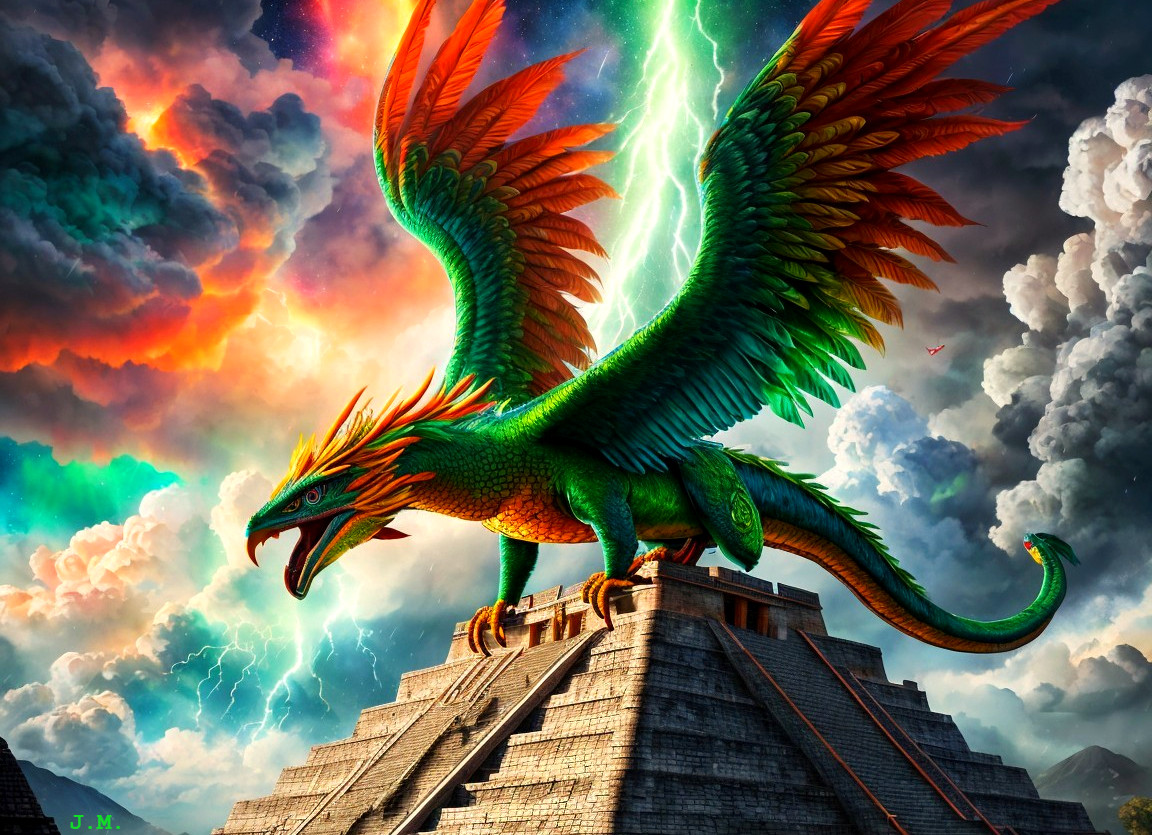 Mythical Dragon on Pyramid in Stormy Fantasy Scene
