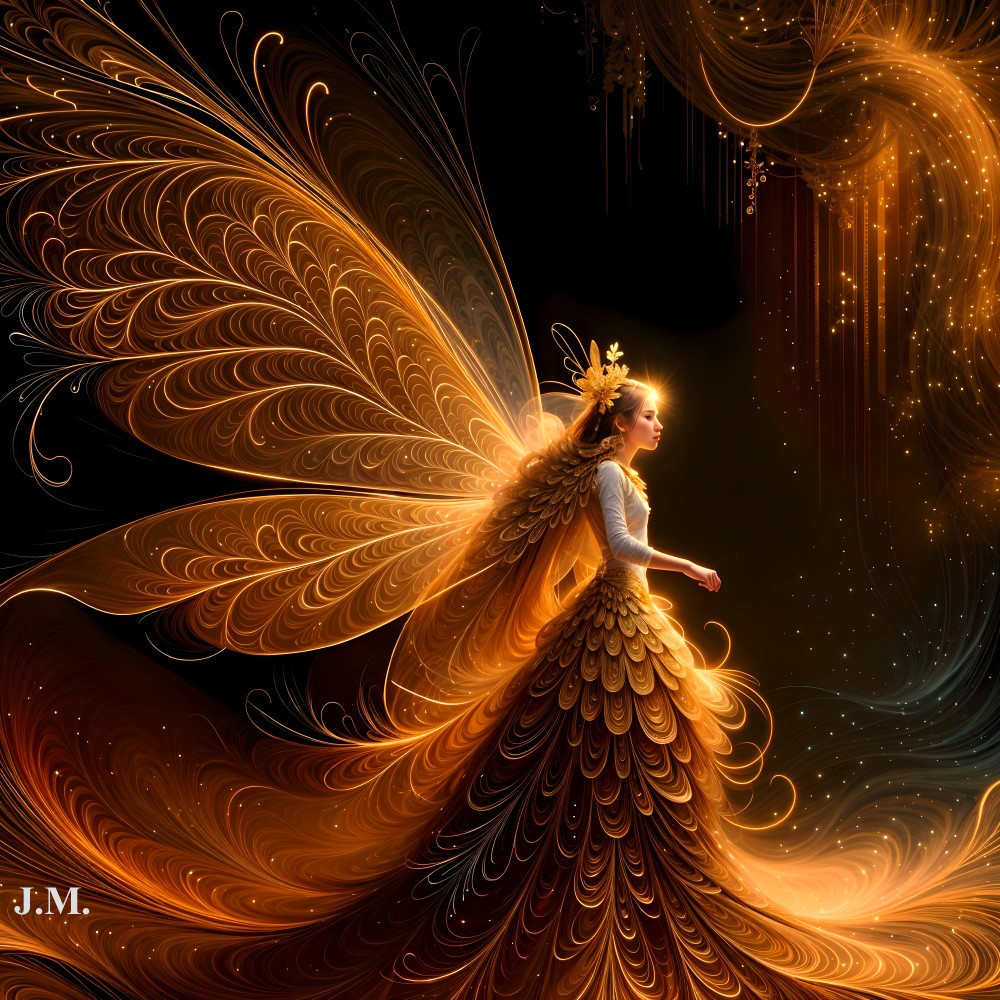 Elegant woman in golden feather gown with wings