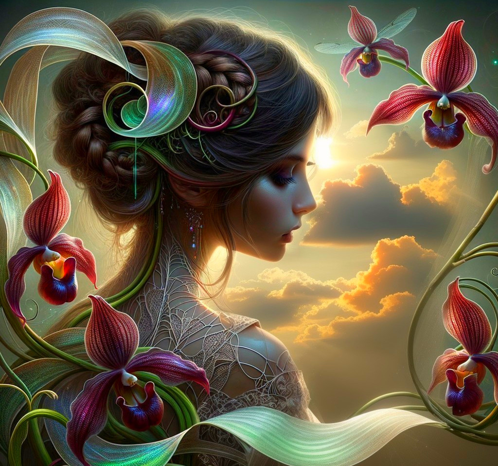 Profile of a Young Woman with Floral Elements at Sunset