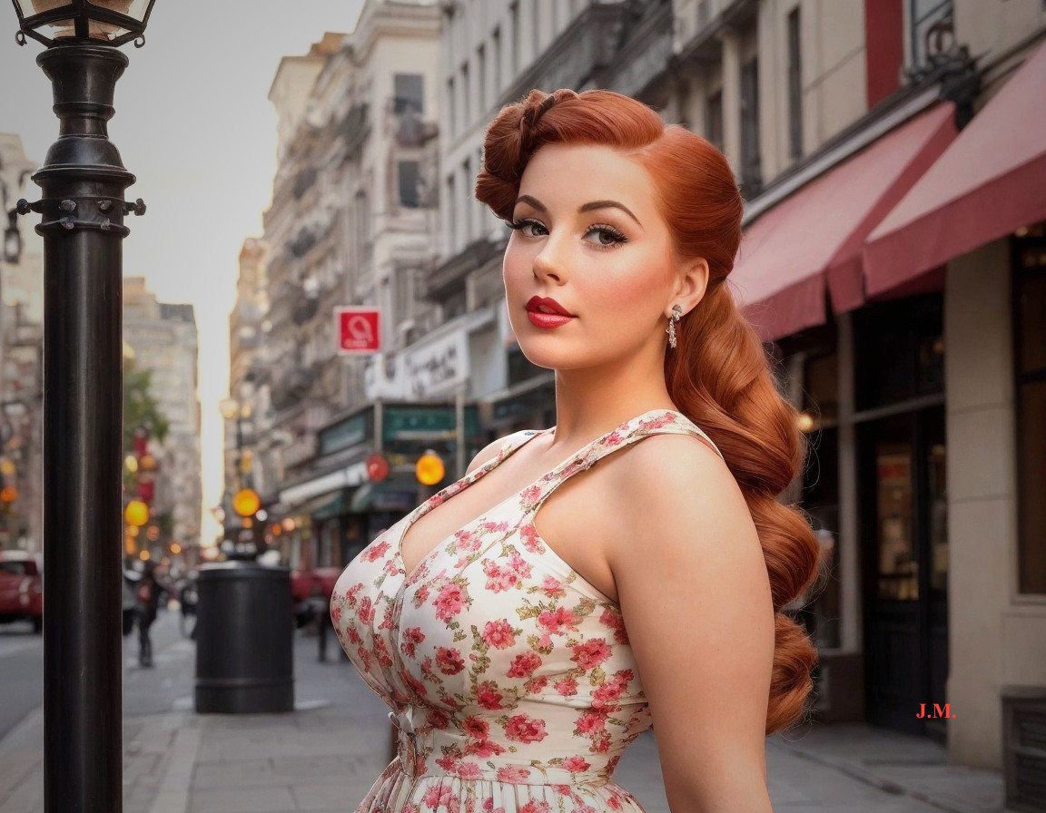 Vintage Glamour: Woman in Floral Dress on City Street