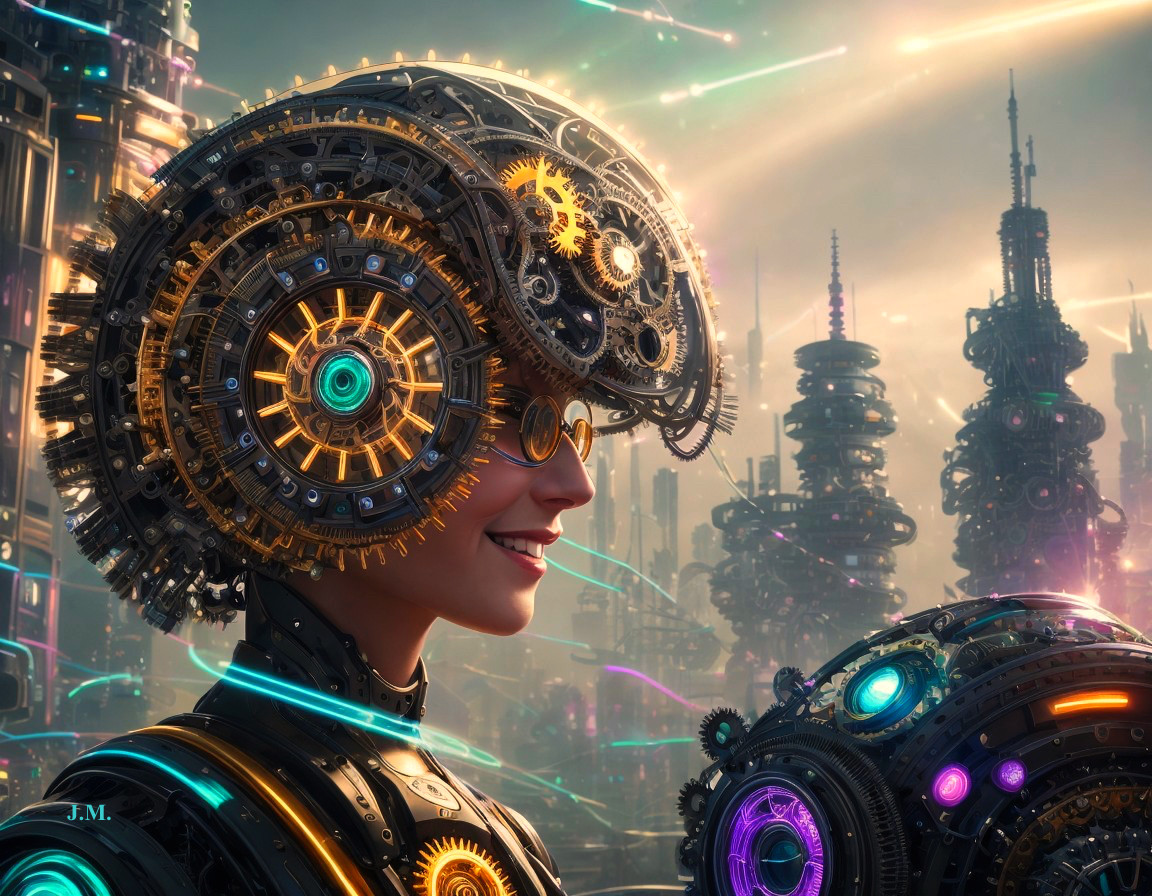 Futuristic Figure with Mechanical Head in High-Tech City