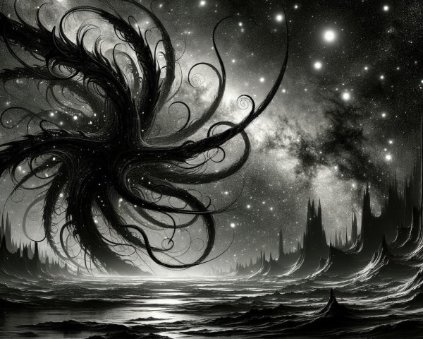 Surreal Cosmic Scene with Monochrome Tendrils