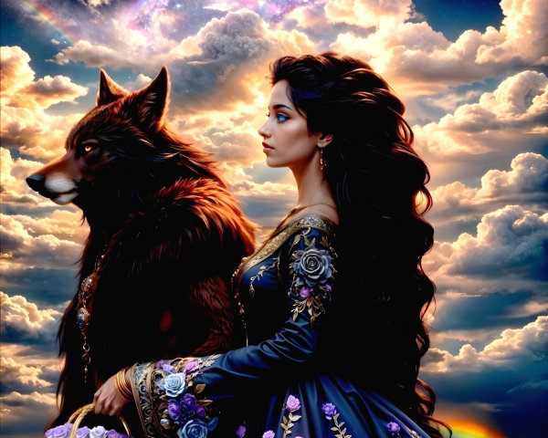 Fantasy Art Portrait of Belle with a Brown Wolf