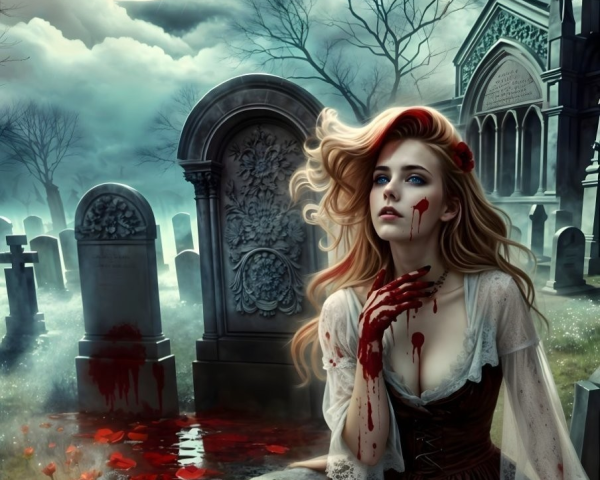 Gothic Graveyard Scene with Young Woman in Despair