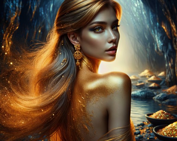 Woman in a mystical cave with golden hair and treasures