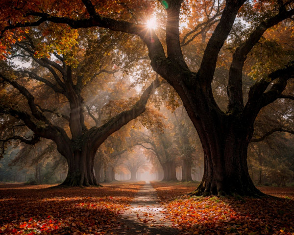 Autumn Landscape with Vibrant Trees and Misty Path