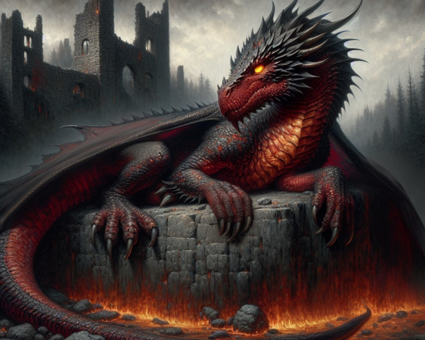 Dragon on Stone Pedestal Amidst Ruins and Lava