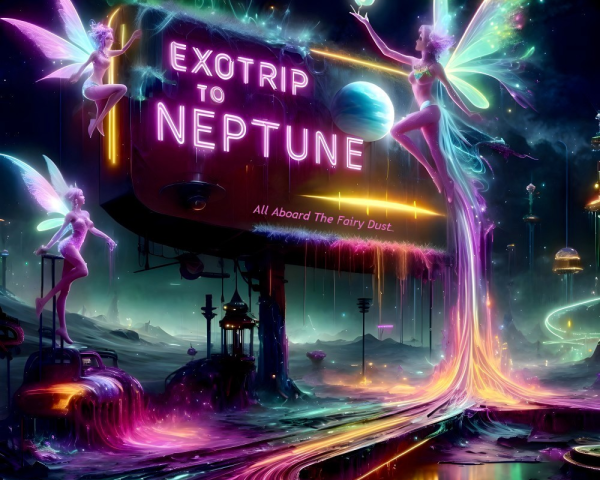 Surreal Scene with Glowing Fairy Figures and Billboard