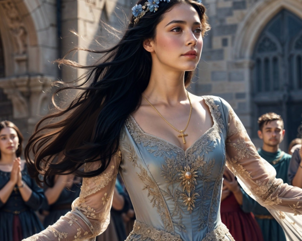 Young Woman in Ethereal Gown in Grand Courtyard