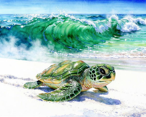 Realistic Watercolor of Sea Turtle Hatchling on Beach