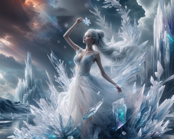 Ethereal figure in ice crystals and glowing snowflake