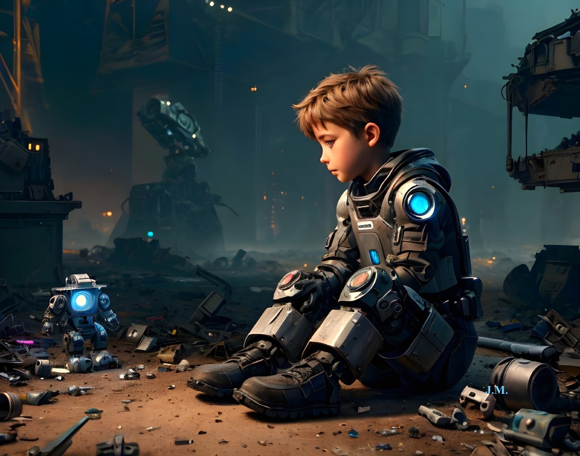 Futuristic Scene of Boy with Robot in Industrial Setting