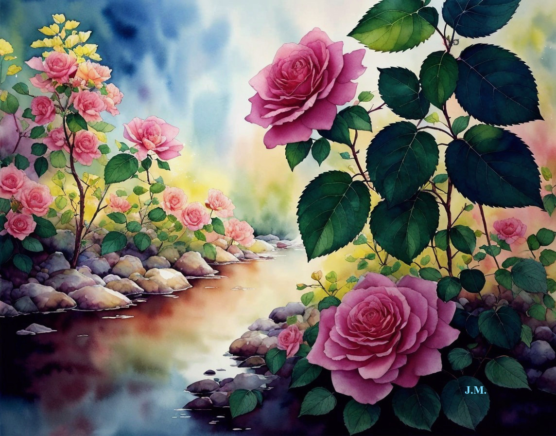 Serene Landscape with Blooming Pink Roses and Stream