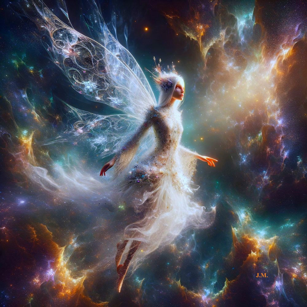 Mystical Figure with Wings in Cosmic Landscape