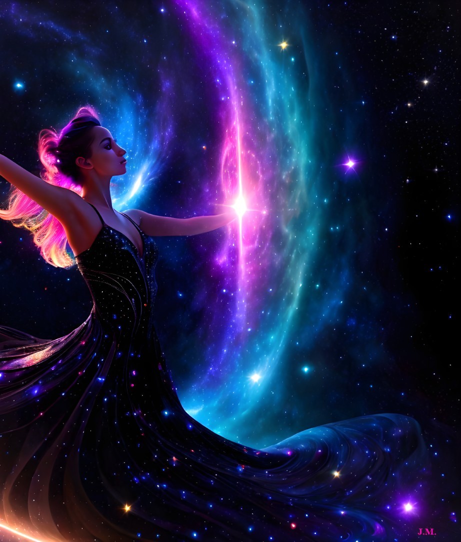 Elegant Figure in Black Gown Among Cosmic Galaxy