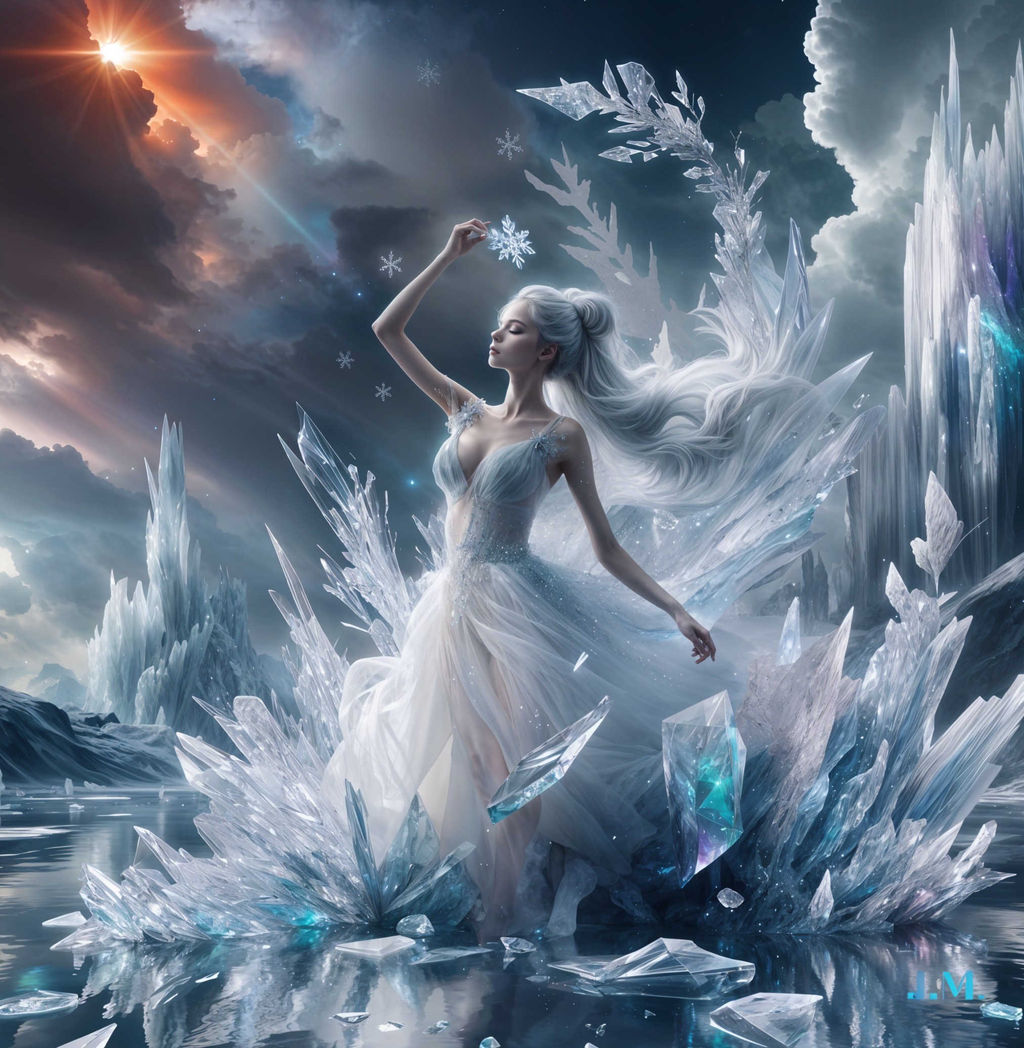 Ethereal figure in ice crystals and glowing snowflake