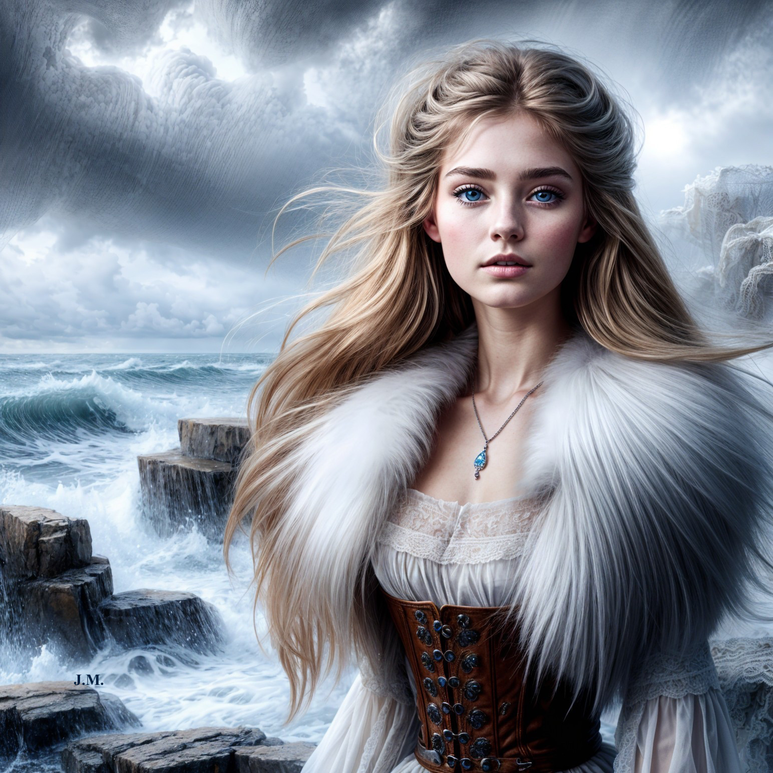 Young Woman by Rocky Shoreline with Dramatic Sky