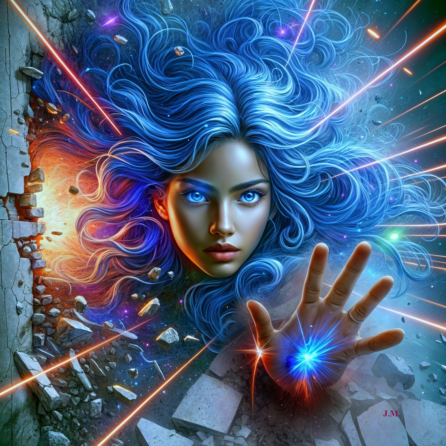 Vibrant Woman with Blue Hair in Dramatic Setting