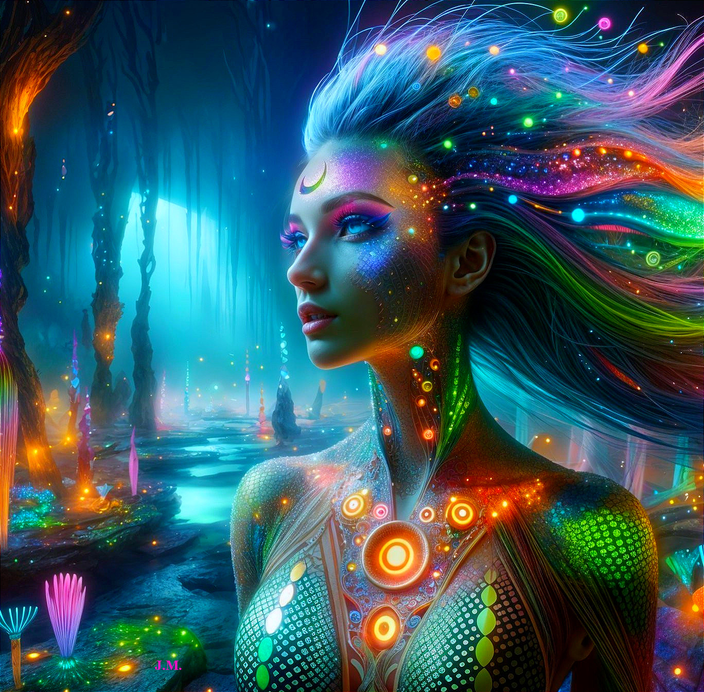 Surreal Scene of Woman with Glowing Orbs and Patterns