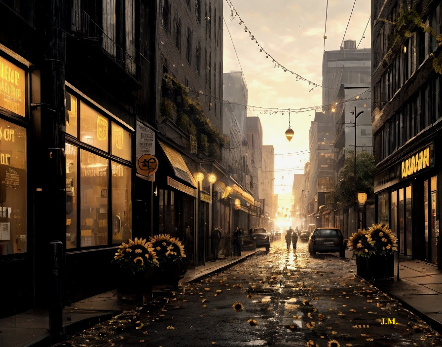 Serene Urban Street at Dusk with Sunflowers and Lights
