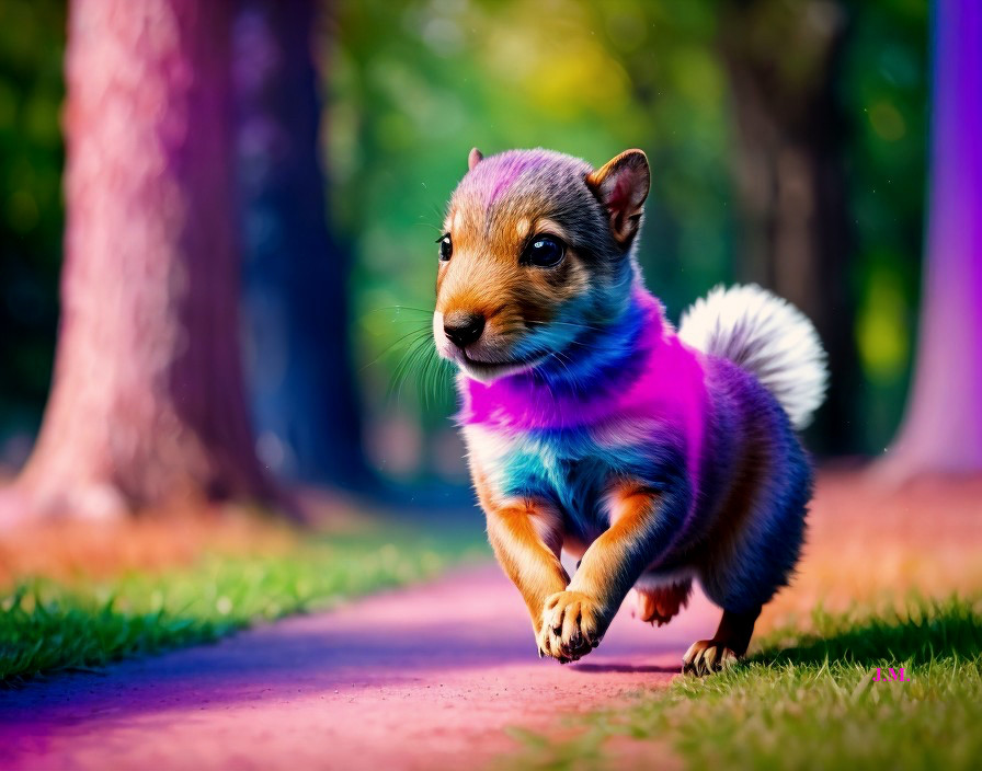 Playful puppy in a colorful scarf on a sunny path