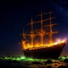 Tall Ship Illuminated Under Starry Night Sky