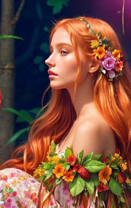 Young Woman with Orange Hair in Floral Setting