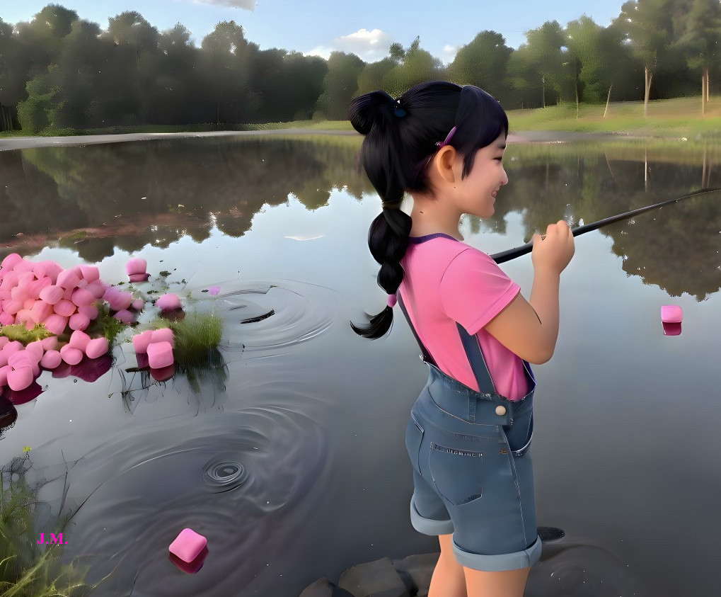 Young girl fishing by a serene pond in nature