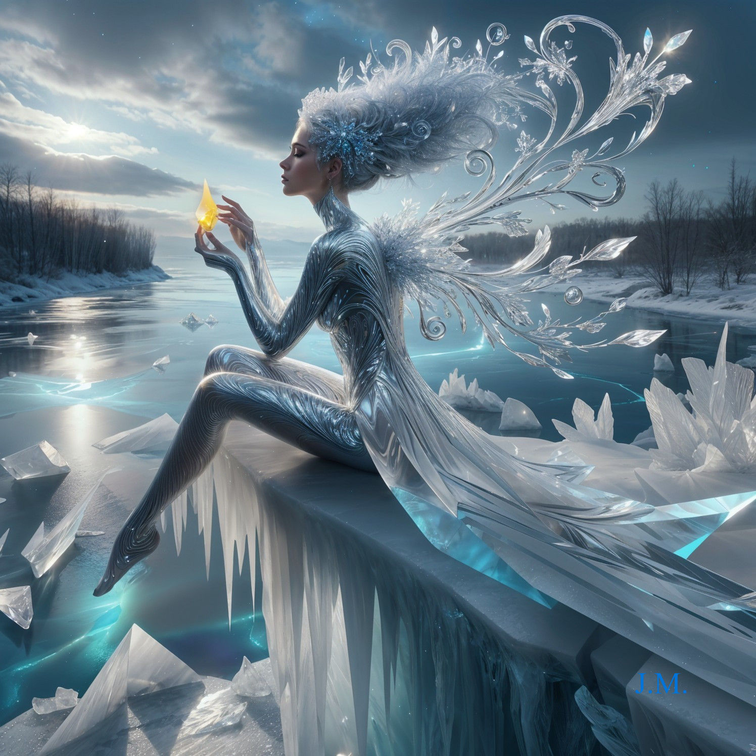 Mystical Figure on Ice with Glowing Orange Gem