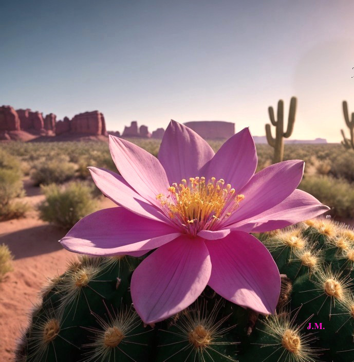 Vibrant Pink Flower on Cactus in Desert Landscape