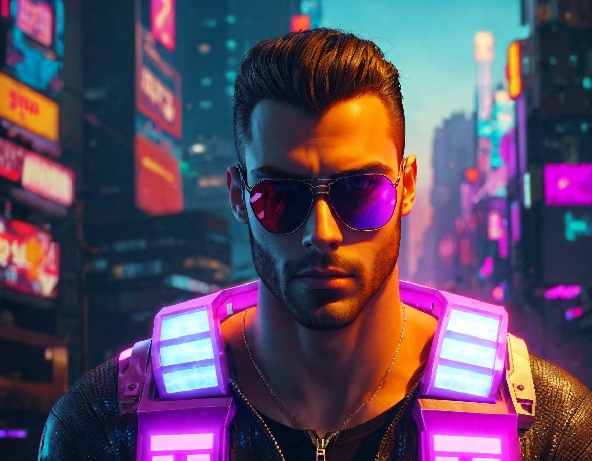 Digital Art of Man in Futuristic Cyberpunk Setting