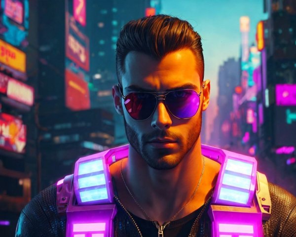 Digital Art of Man in Futuristic Cyberpunk Setting