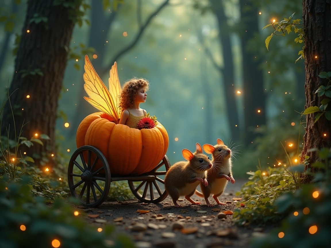 Whimsical Forest Scene with Fairy-Tale Girl and Mice