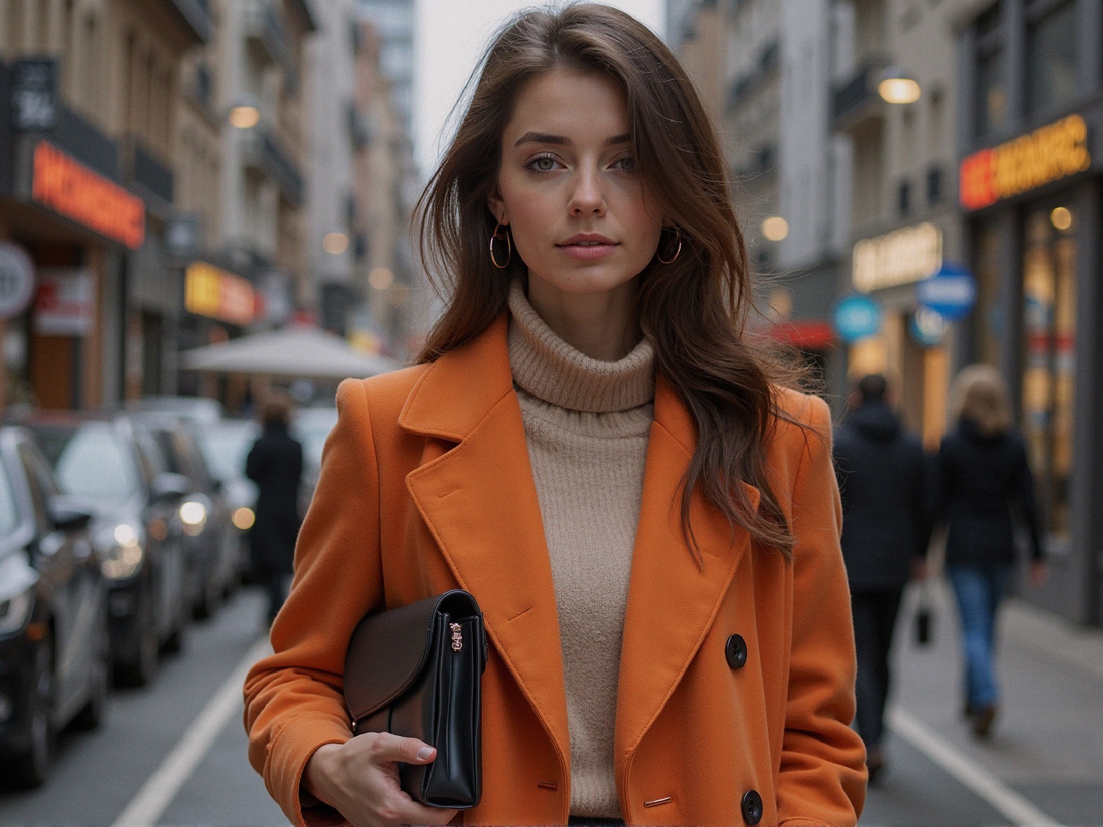 Young woman in orange coat on urban street scene