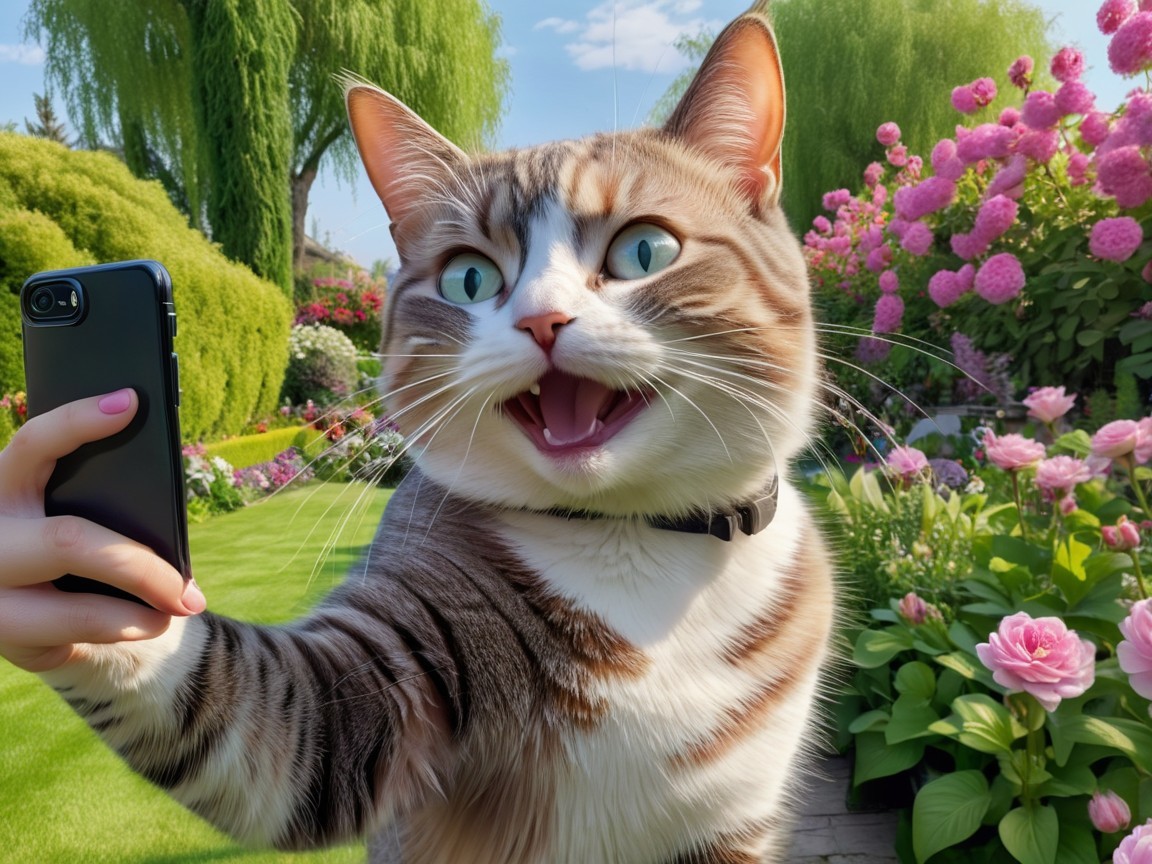 Playful Cat with Blue Eyes in Vibrant Flower Garden